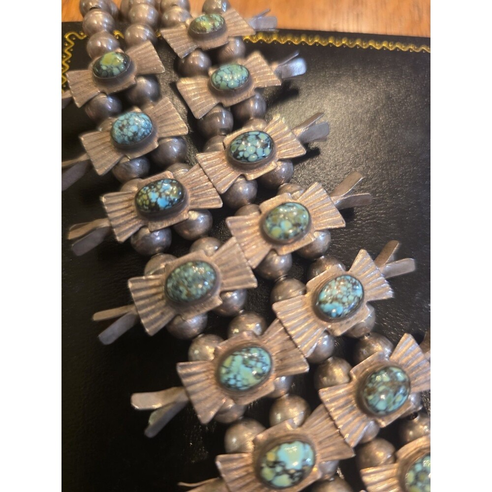 Navajo Bowtie Squash Blossom Spider Web Blue Turquoise Necklace -VINTAGE- SILVER - Picture 7 of 12